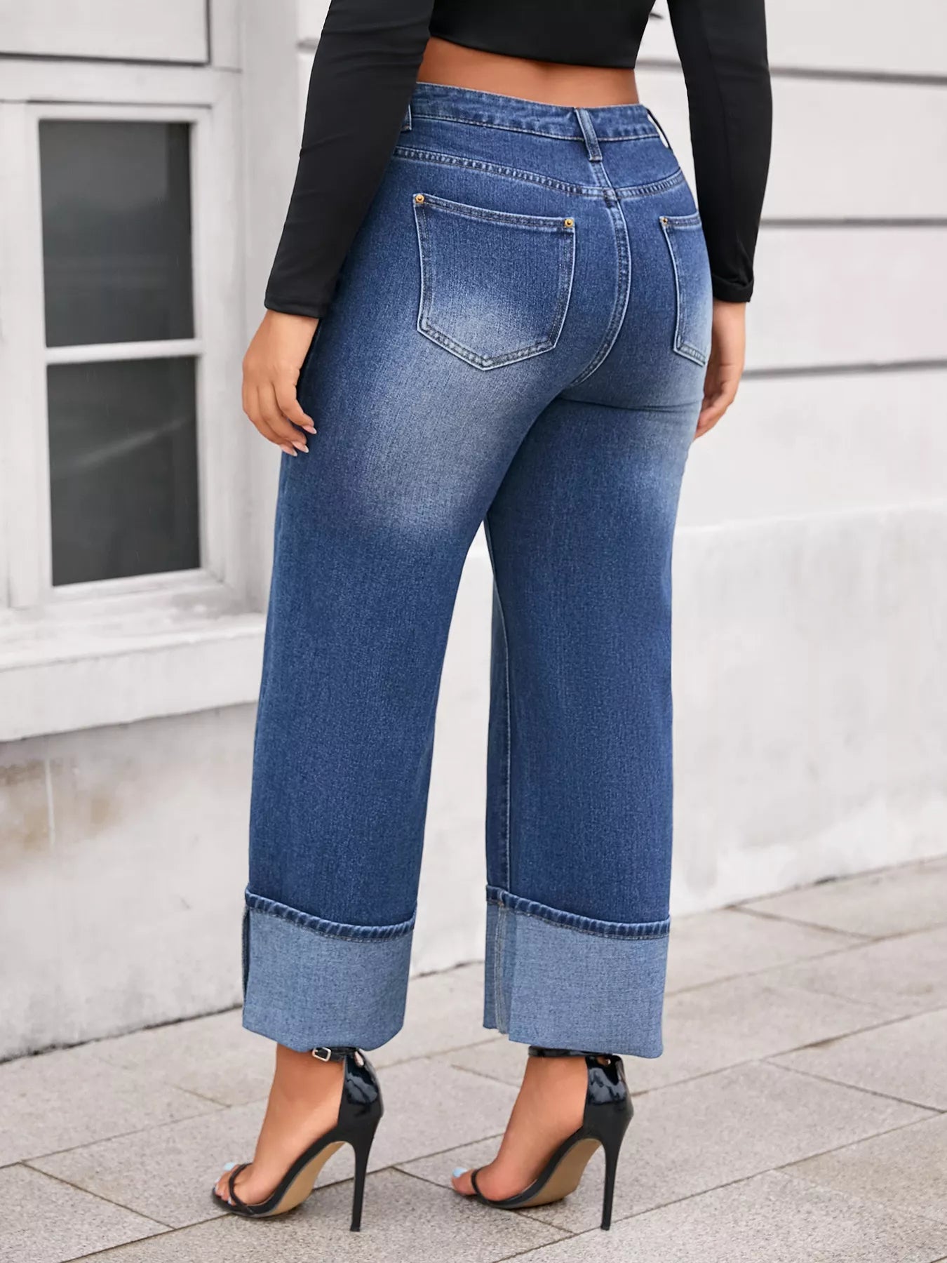 High Waist Cuffed Wide Leg Jeans