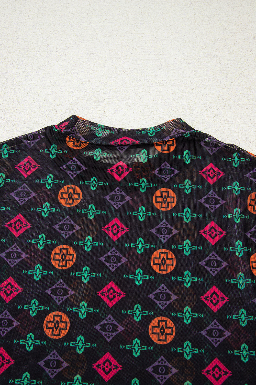 Black Aztec Print Long Sleeve Mesh Top