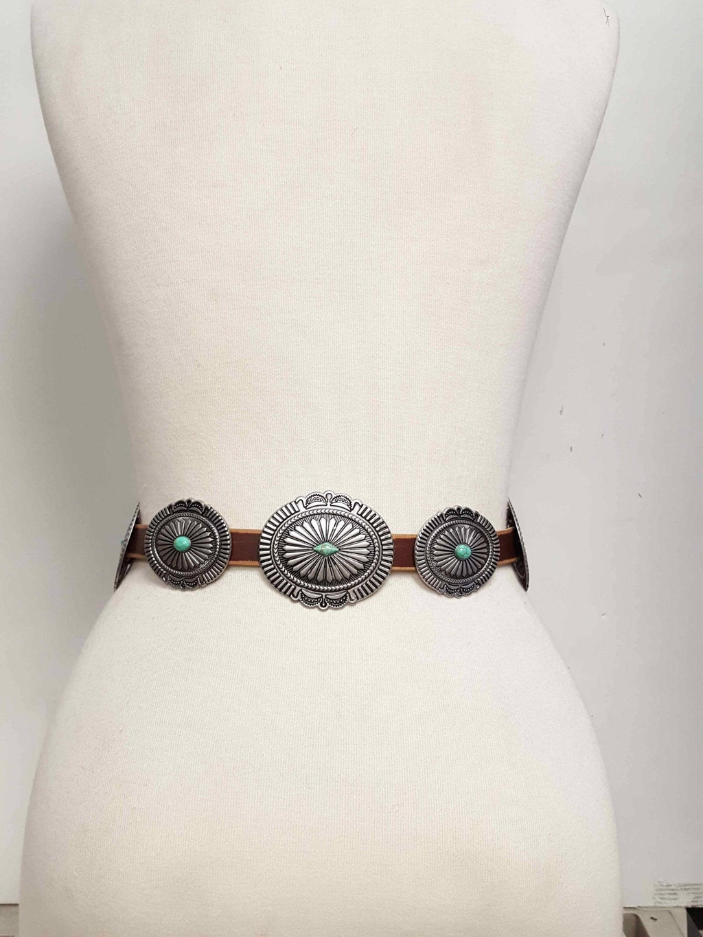 Genuine Distressed Leather Concho Belt with Faux Turquoise