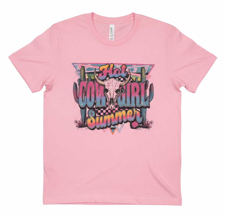 Hot Cowgirl Summer Coastal Western Graphic Tee – Retro Pink
