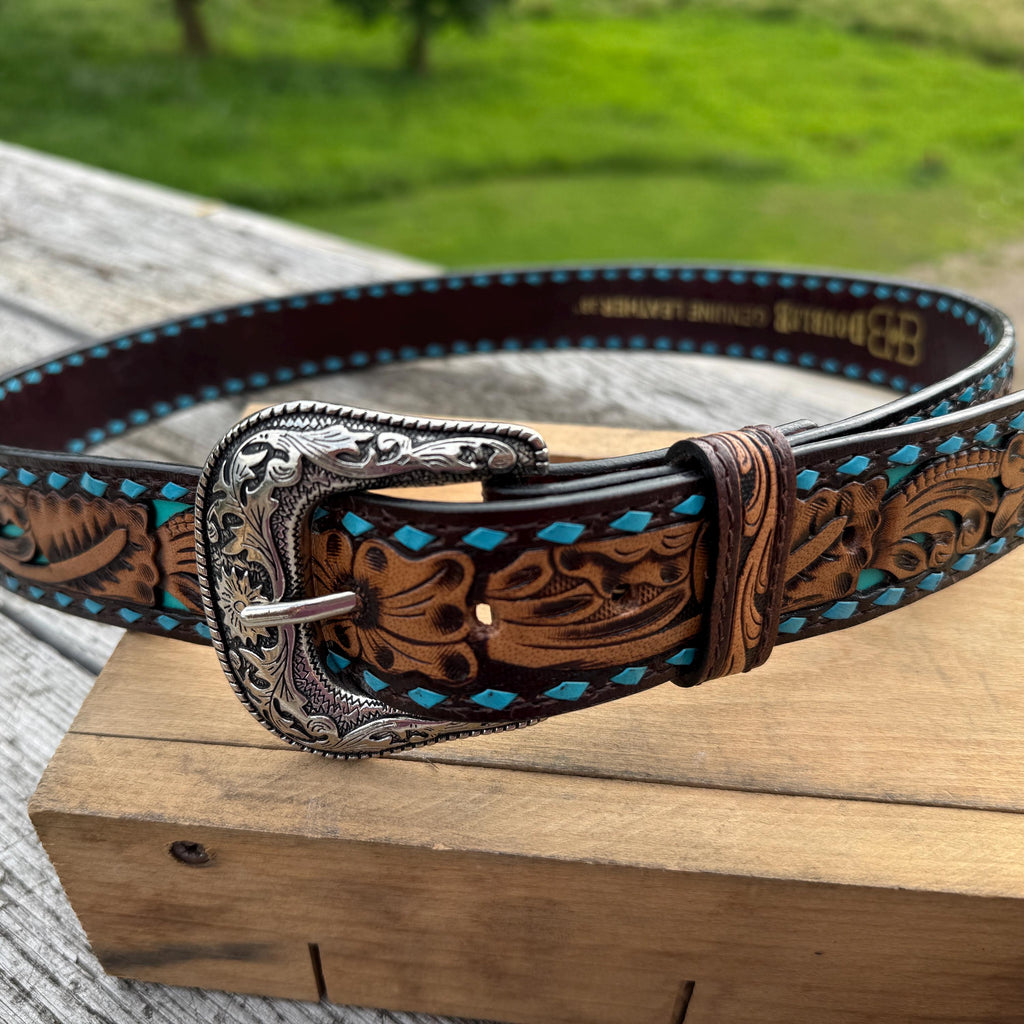 Double B Tooled Leather Western Belt – Buckstitch Detail