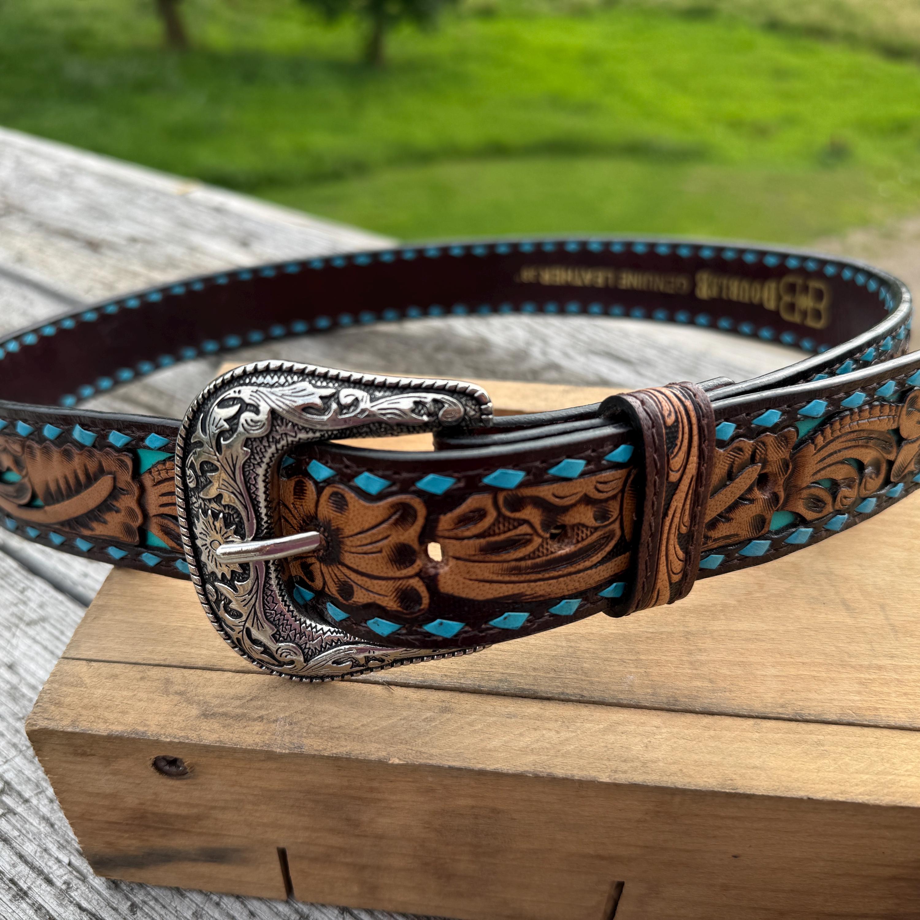 Double B Tooled Leather Western Belt – Buckstitch Detail