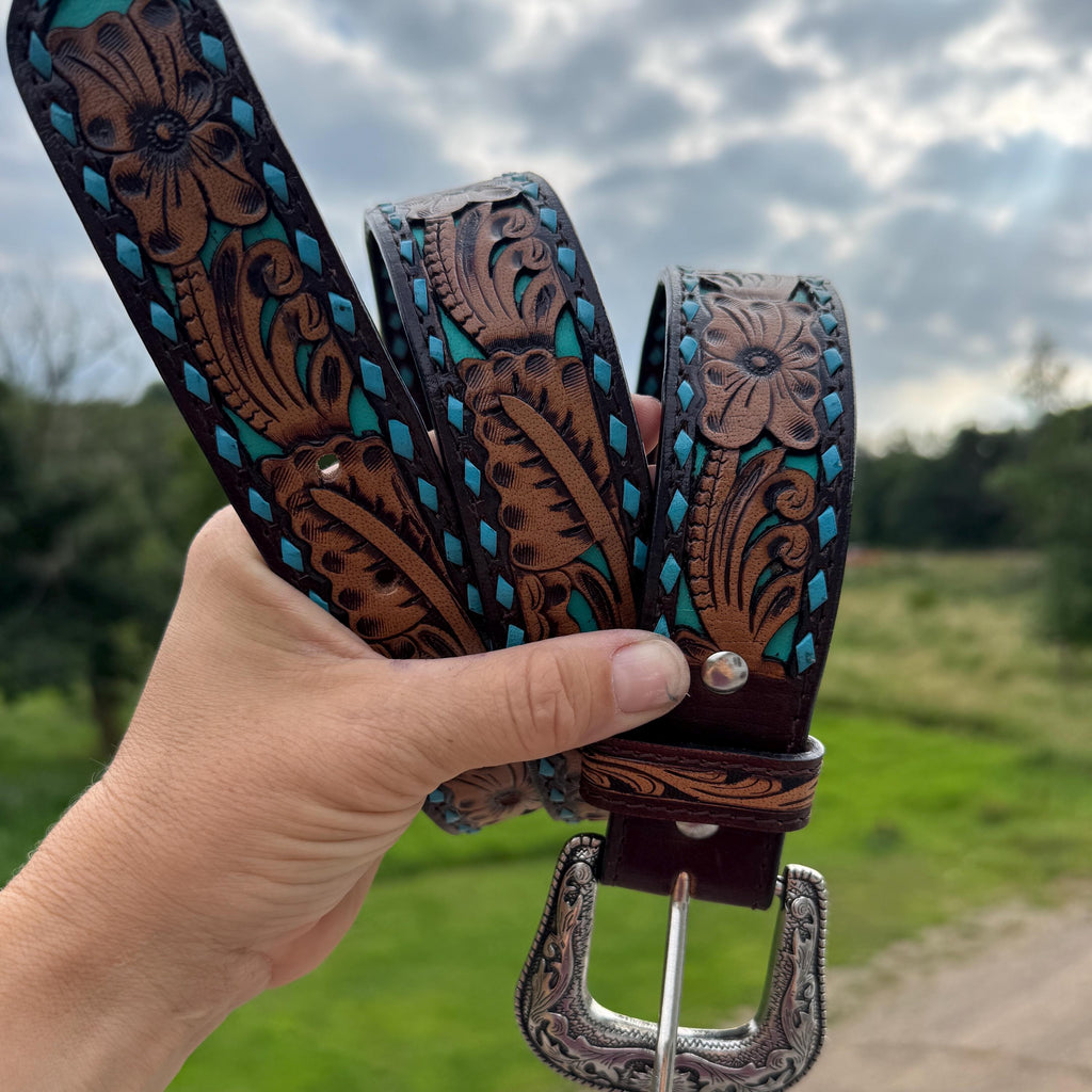 Double B Tooled Leather Western Belt – Buckstitch Detail