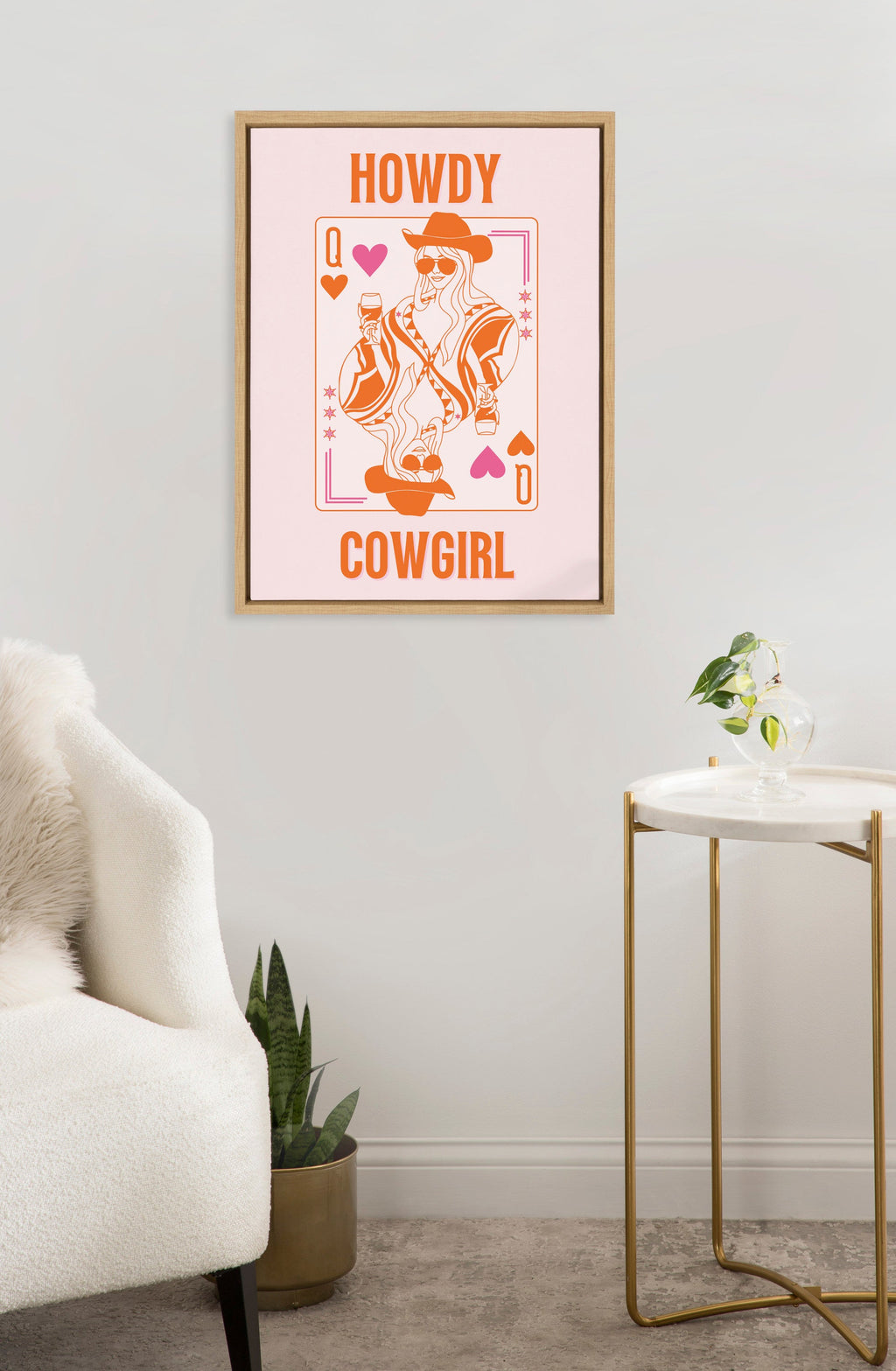 Sylvie Howdy Cowgirl Pink Orange Framed Canvas by Honey Island Studio