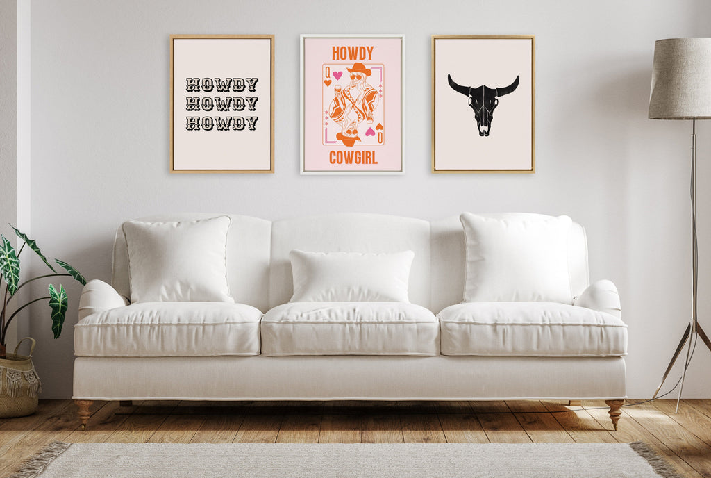 Sylvie Howdy Cowgirl Pink Orange Framed Canvas by Honey Island Studio