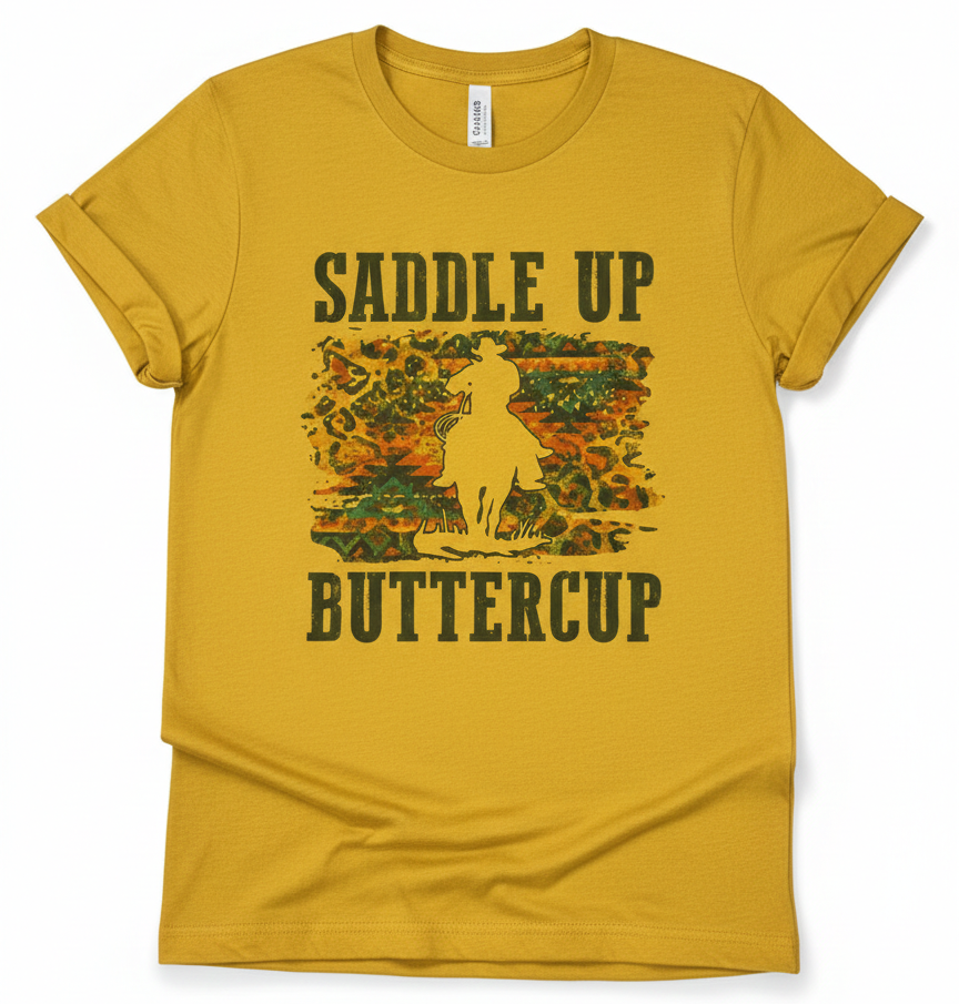 Saddle Up Buttercup Western Graphic Tee – Mustard Yellow