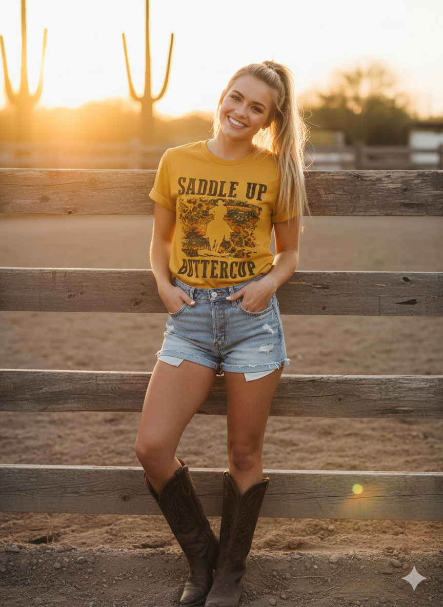 Saddle Up Buttercup Western Graphic Tee – Mustard Yellow